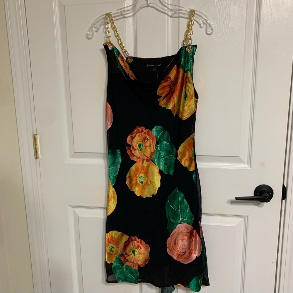 Boston Proper Black Floral Mini Dress‎ Gold Chain Straps Cowl Neck XS